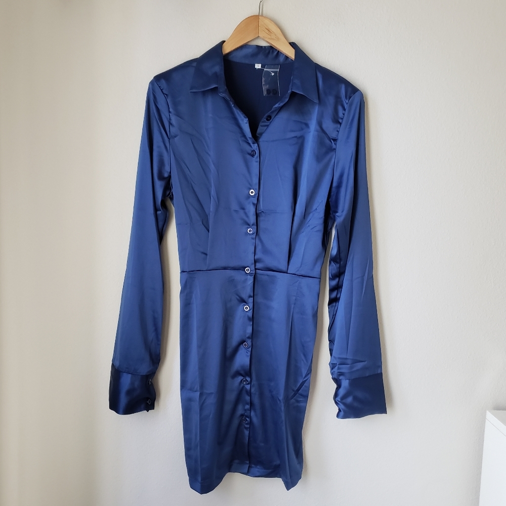 Sapphire Blue Long Sleeve Button Down Satin Effect Mini Dress - Picture 7 of 16
